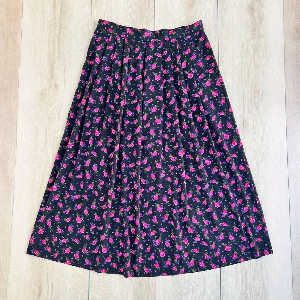 Vintage 80s Bedford Fair Rose Print Soft Grunge Midi Skirt with Pockets Size 8